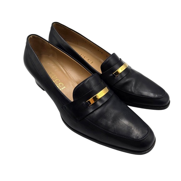 Gucci Vintage Black Leather Block Heel Loafers Gold Logo Bar37.5